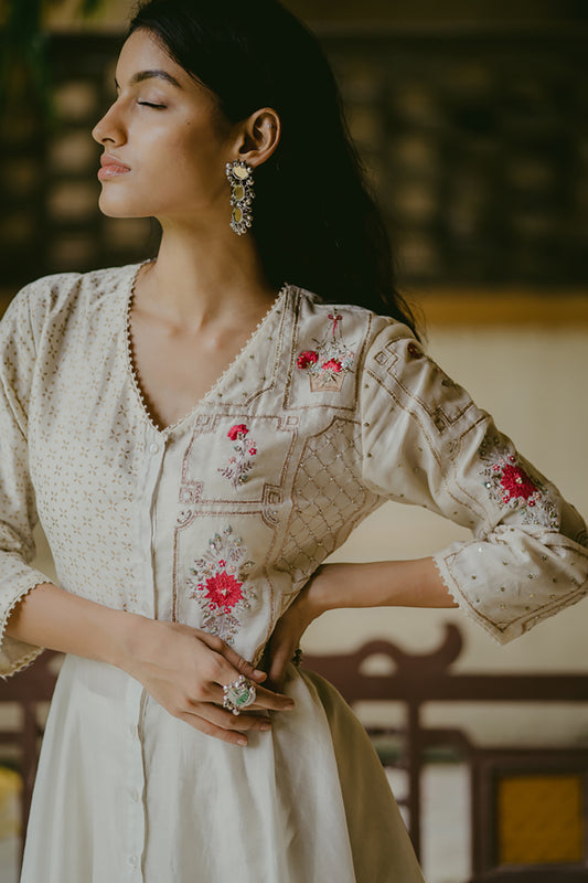 Ivory Printed & Embroidered Kurta Set