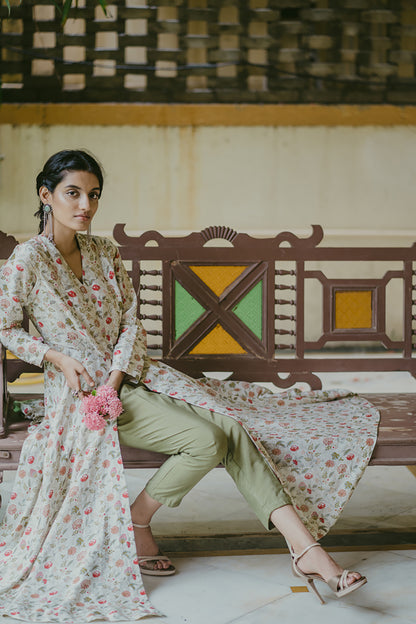 Mint Floral Printed Chanderi Kurta Set