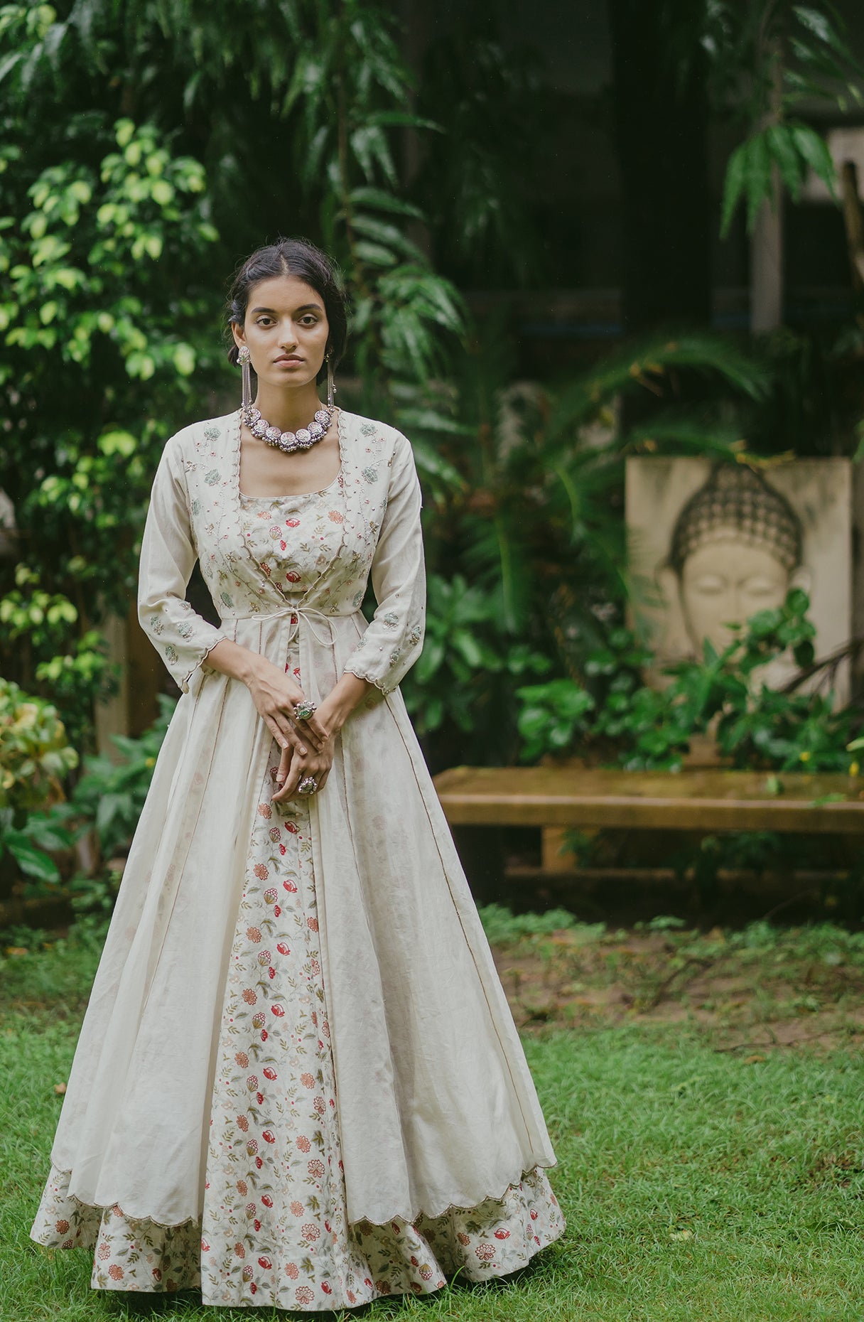 Ivory Chanderi Embroidered Angarakha & Skirt Set