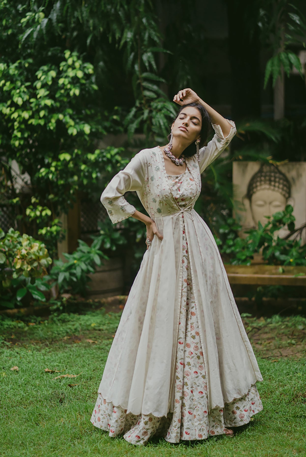 Ivory Chanderi Embroidered Angarakha & Skirt Set