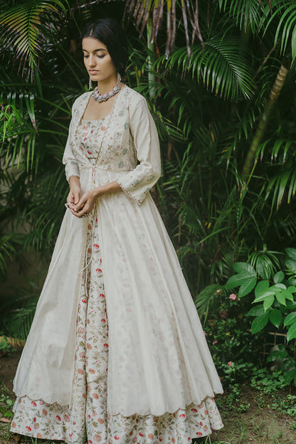 Ivory Chanderi Embroidered Angarakha & Skirt Set