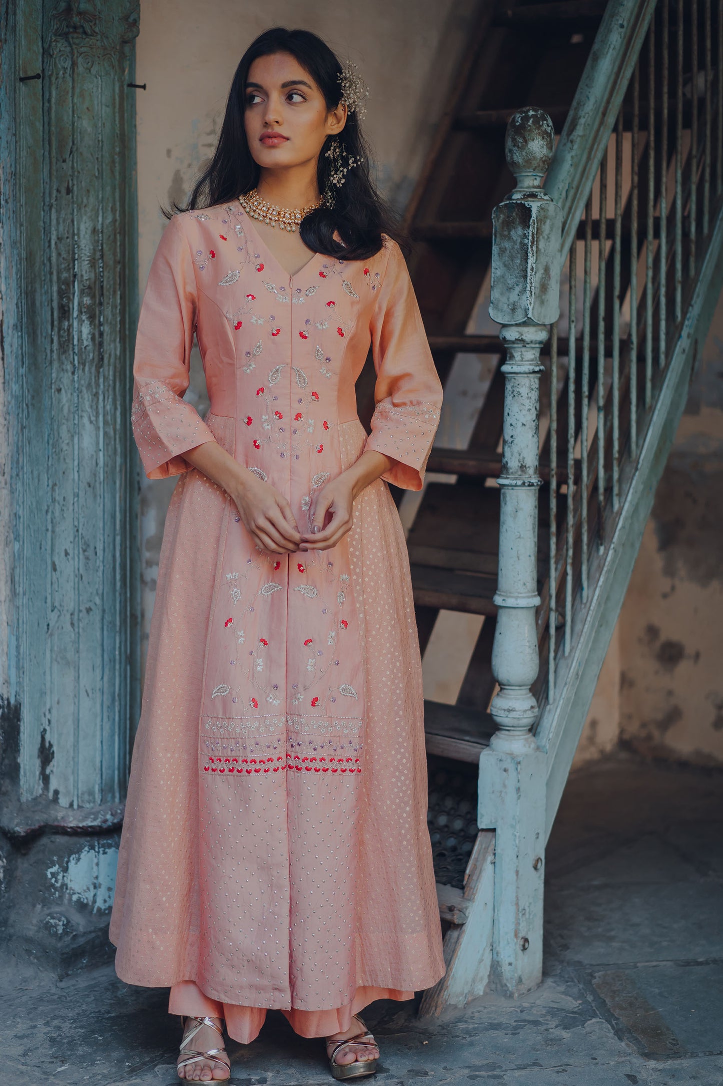 Pale Pink Paisley Embroidered Anarkali Set