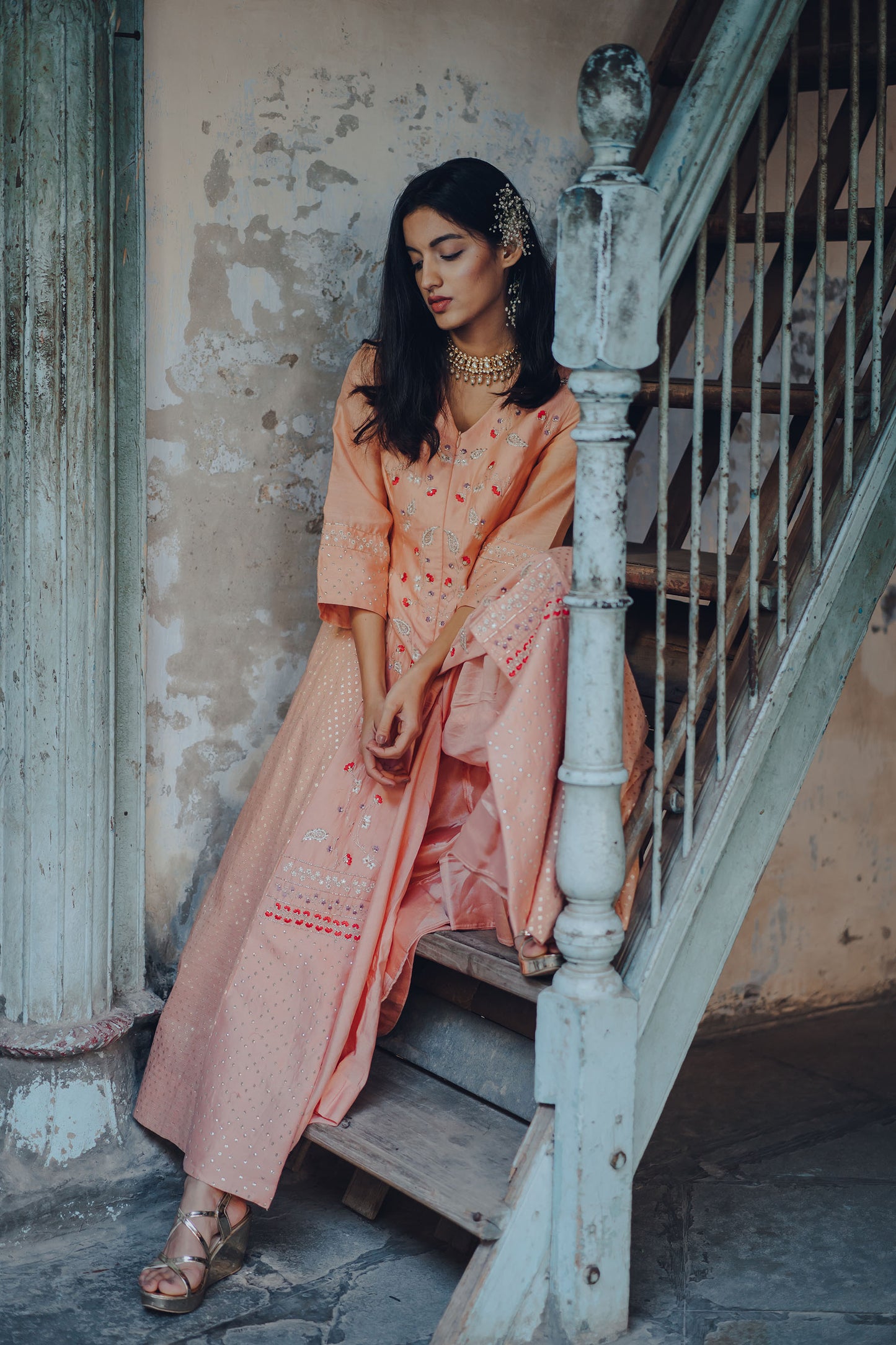 Pale Pink Paisley Embroidered Anarkali Set