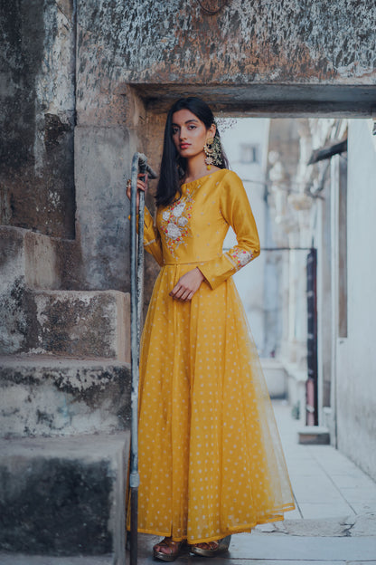 Mustard Gulaab Embroidered Front Slit Dress Set