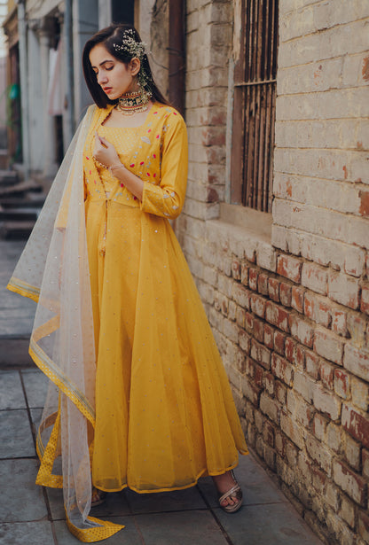 Mustard Paisely Embroidered Jacket Anarkali Set