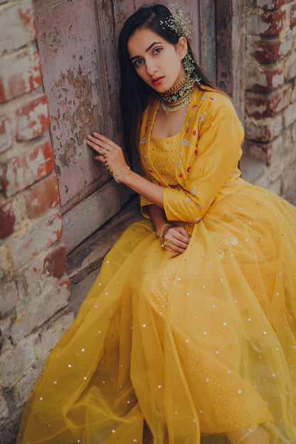 Mustard Paisely Embroidered Jacket Anarkali Set