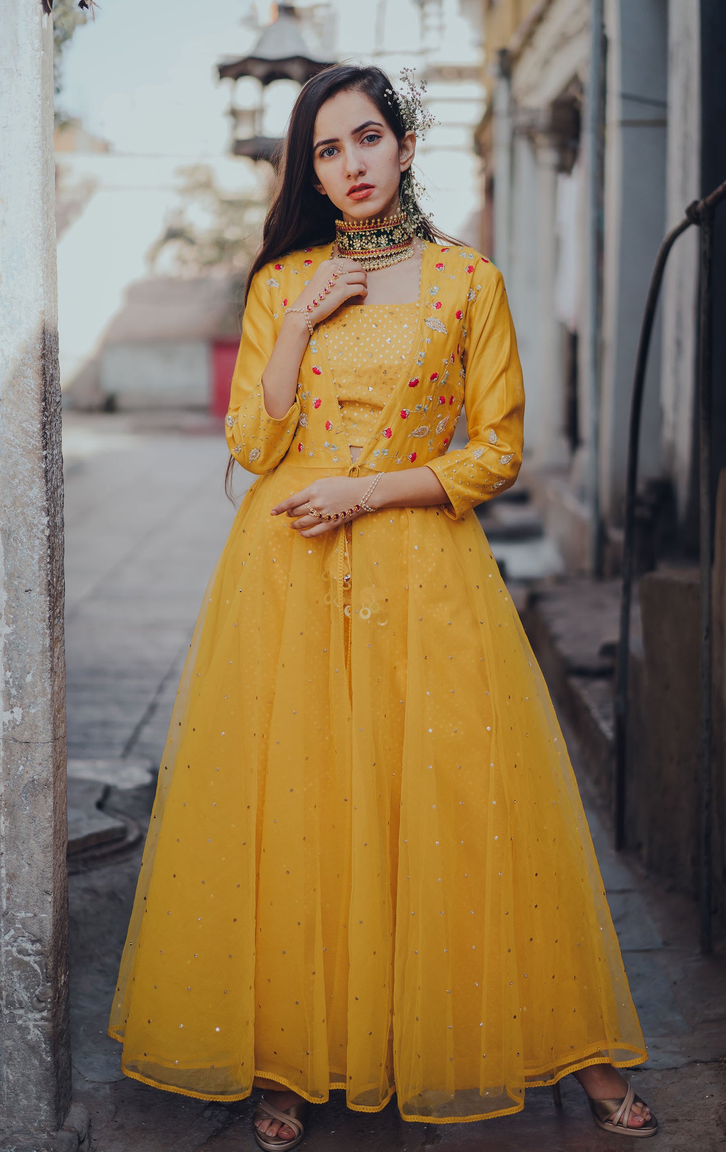 Mustard Paisely Embroidered Jacket Anarkali Set