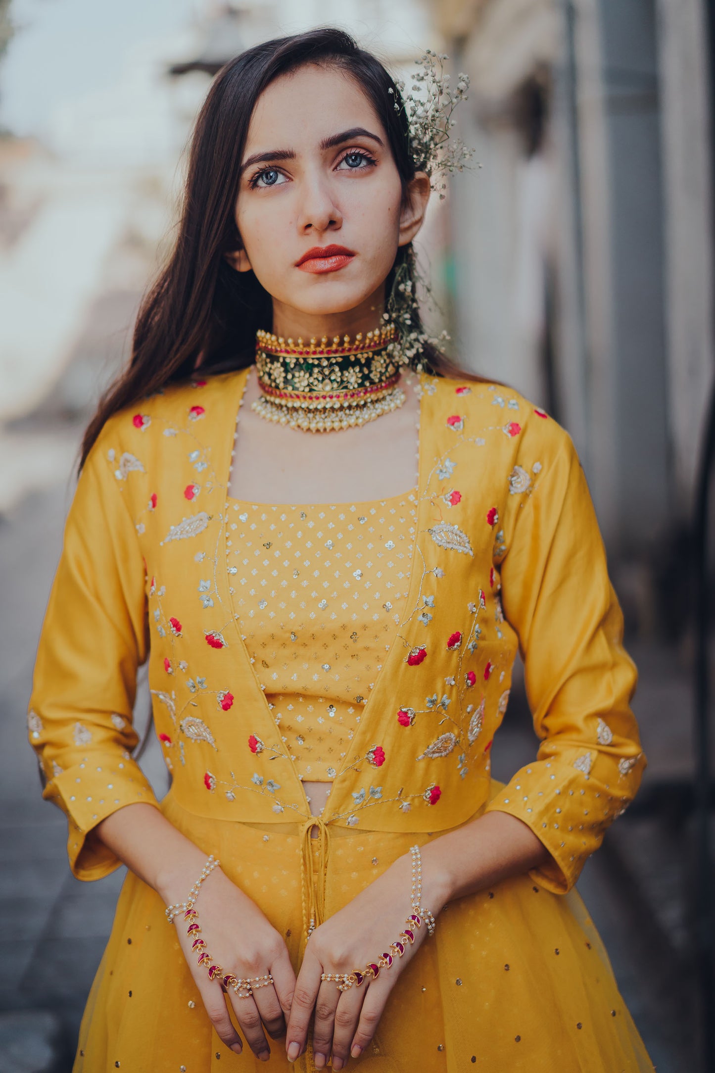 Mustard Paisely Embroidered Jacket Anarkali Set