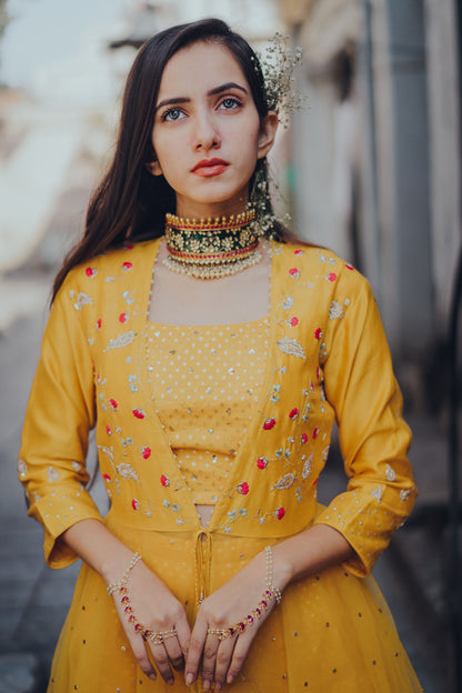 Mustard Paisely Embroidered Jacket Anarkali Set