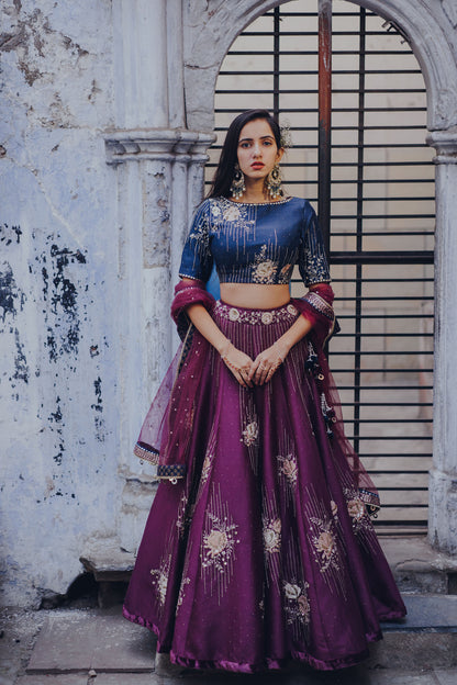 Purple Gulab Embroidered Chanderi Lehenga Set