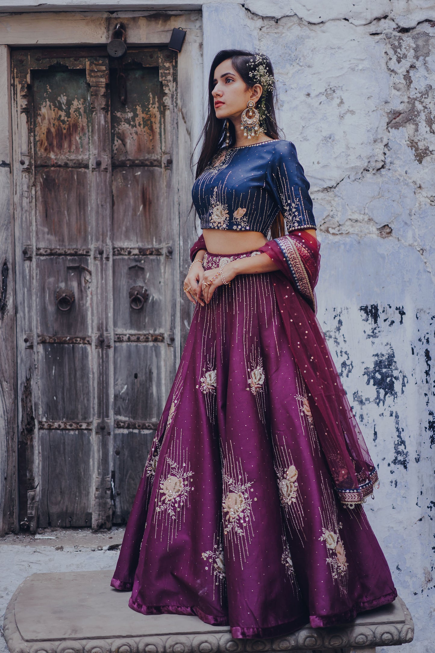 Purple Gulab Embroidered Chanderi Lehenga Set