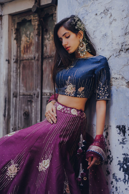 Purple Gulab Embroidered Chanderi Lehenga Set