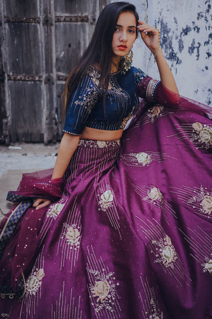 Purple Gulab Embroidered Chanderi Lehenga Set