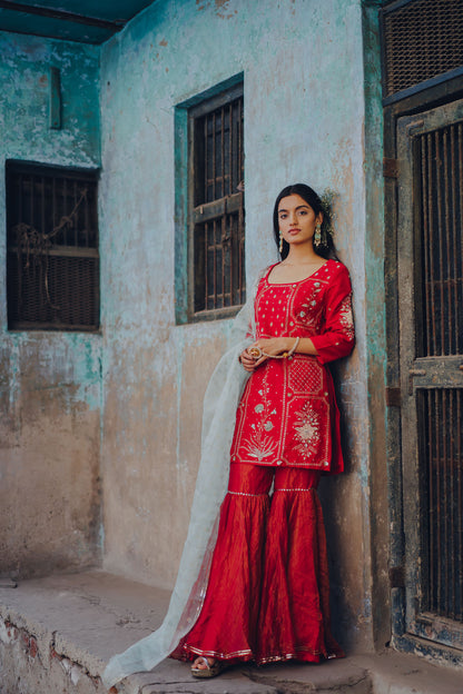 Cherry Red Silk Embroidered Gharara Set