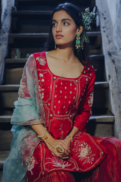 Cherry Red Silk Embroidered Gharara Set