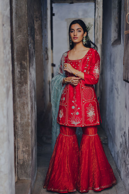 Cherry Red Silk Embroidered Gharara Set