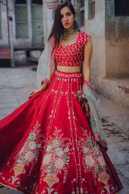 Cherry Red Gulaab Embroidered Concept Lehenga Set