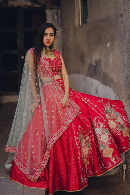 Cherry Red Gulaab Embroidered Concept Lehenga Set