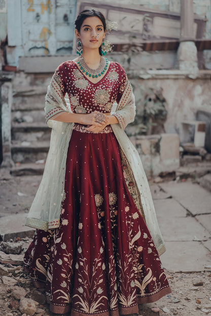 Wine Chanderi Embroidered Lehenga Set