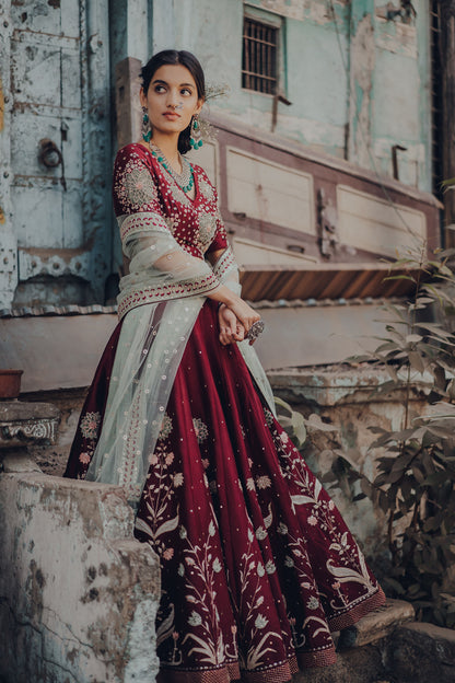 Wine Chanderi Embroidered Lehenga Set