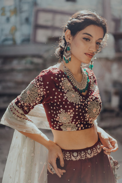 Wine Chanderi Embroidered Lehenga Set