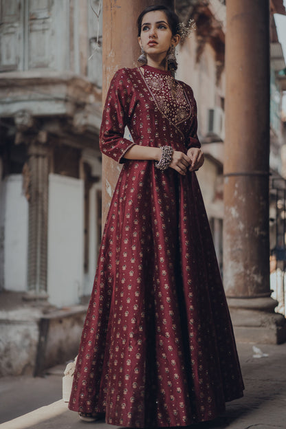 Wine Chanderi Embroidered Angarakha Dress Set