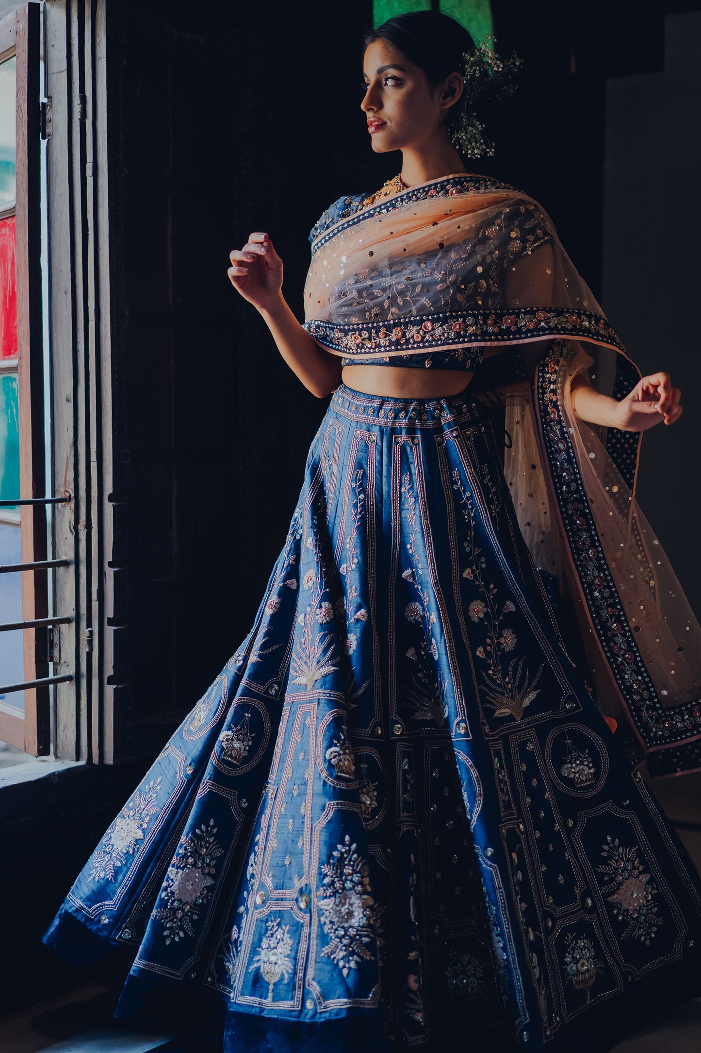 Indigo Silk Embroidered Lehenga Set