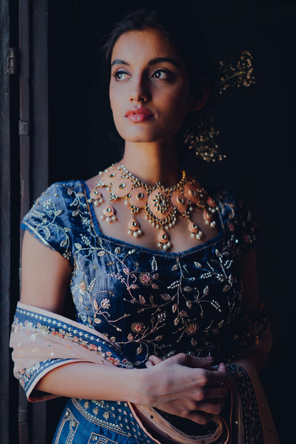 Indigo Silk Embroidered Lehenga Set