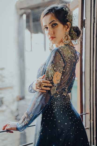 Indigo Roses Embroidered Gown