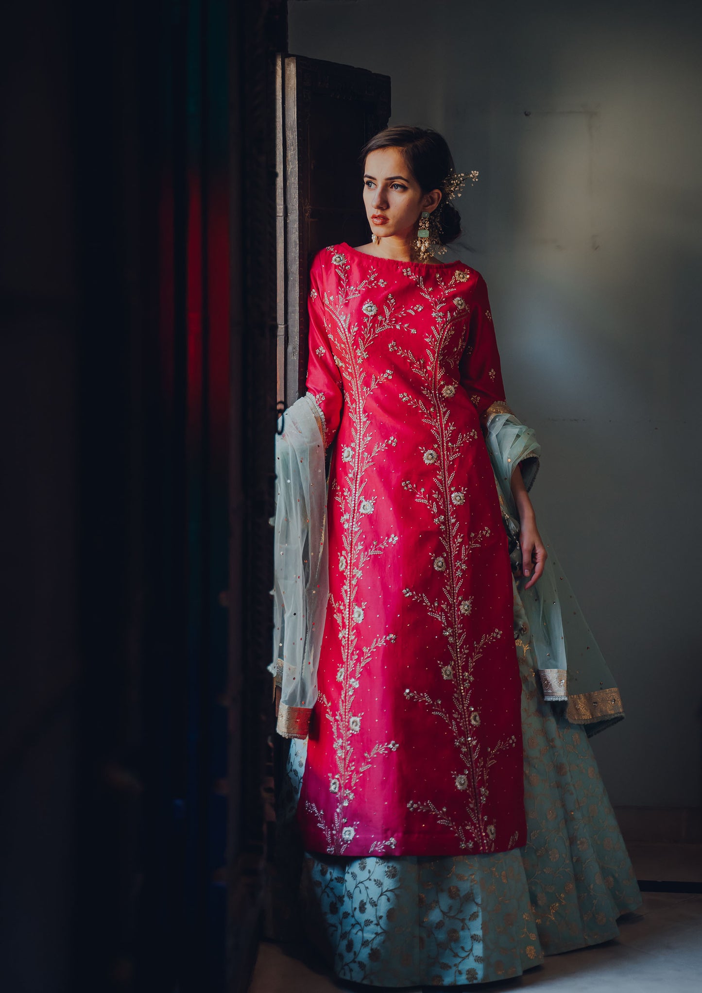 Hot Pink Embroidered Long Kurta with Skirt Set