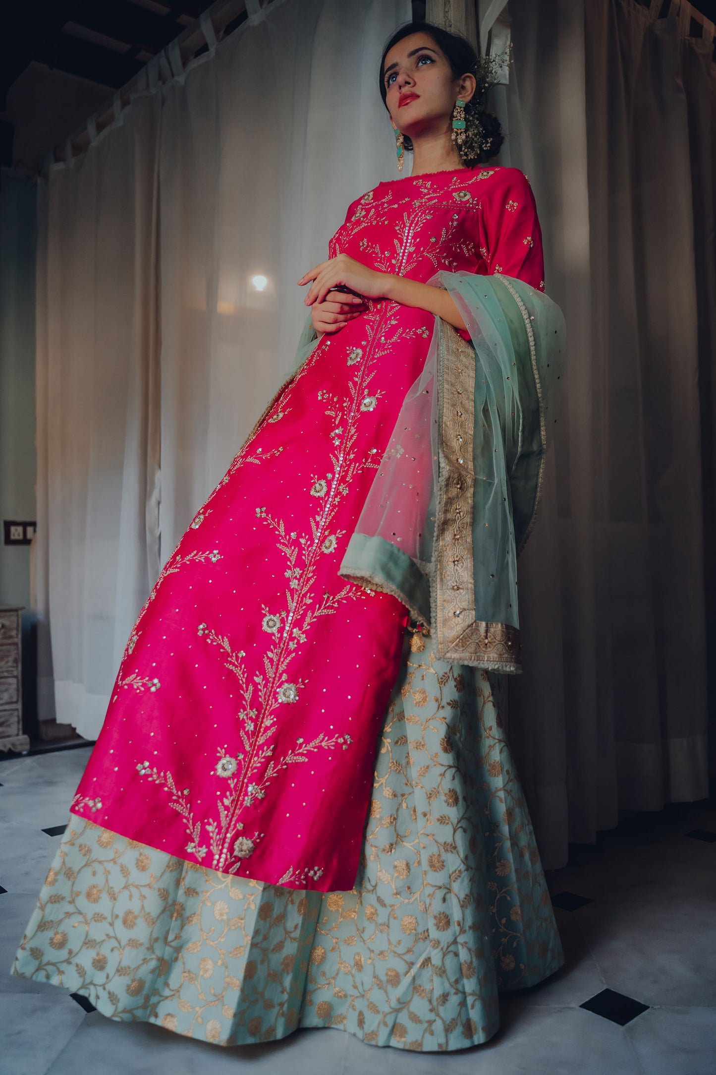 Hot Pink Embroidered Long Kurta with Skirt Set