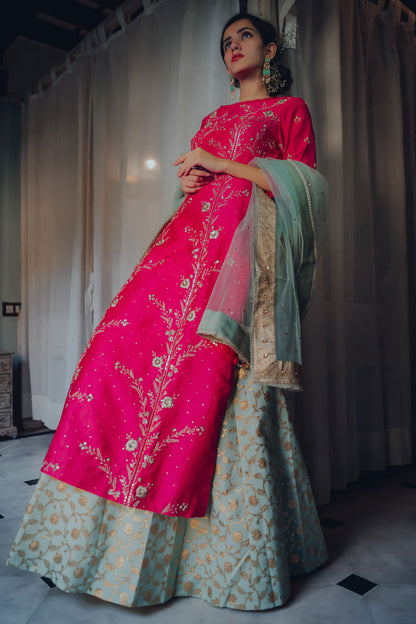 Hot Pink Embroidered Long Kurta with Skirt Set