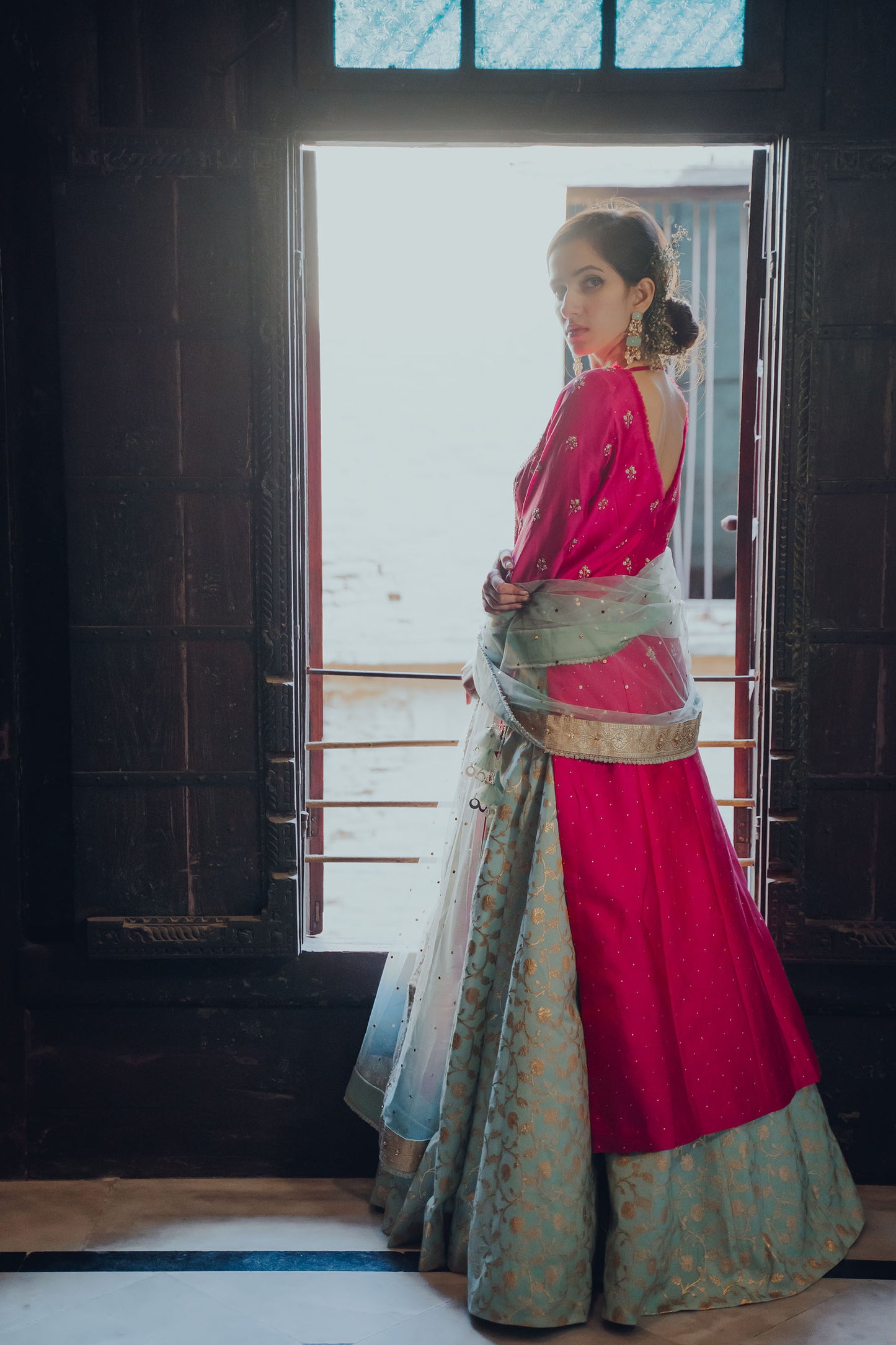 Hot Pink Embroidered Long Kurta with Skirt Set