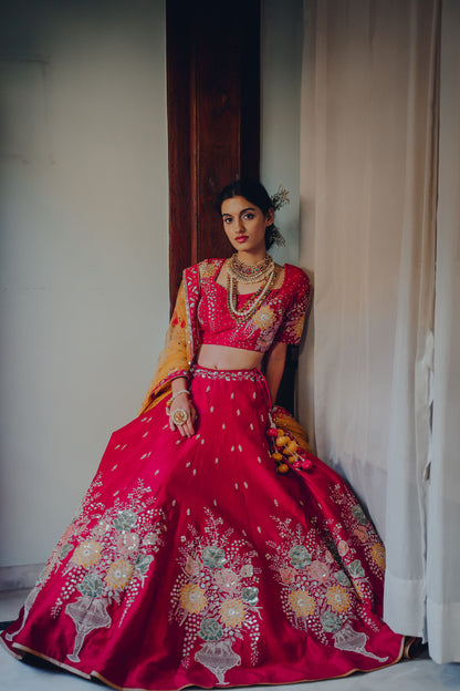 Cherry Red Gulaab Embroidered Lehenga Set