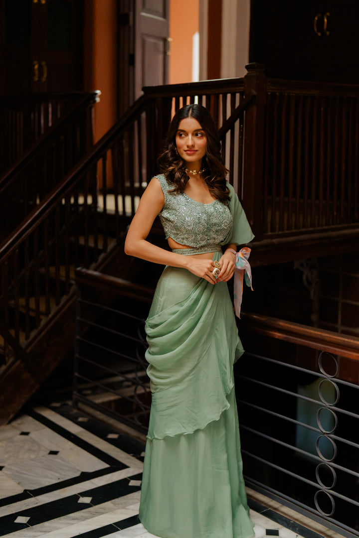 Aqua Embroidered Organza Pre-Draped Ruffle Saree Set