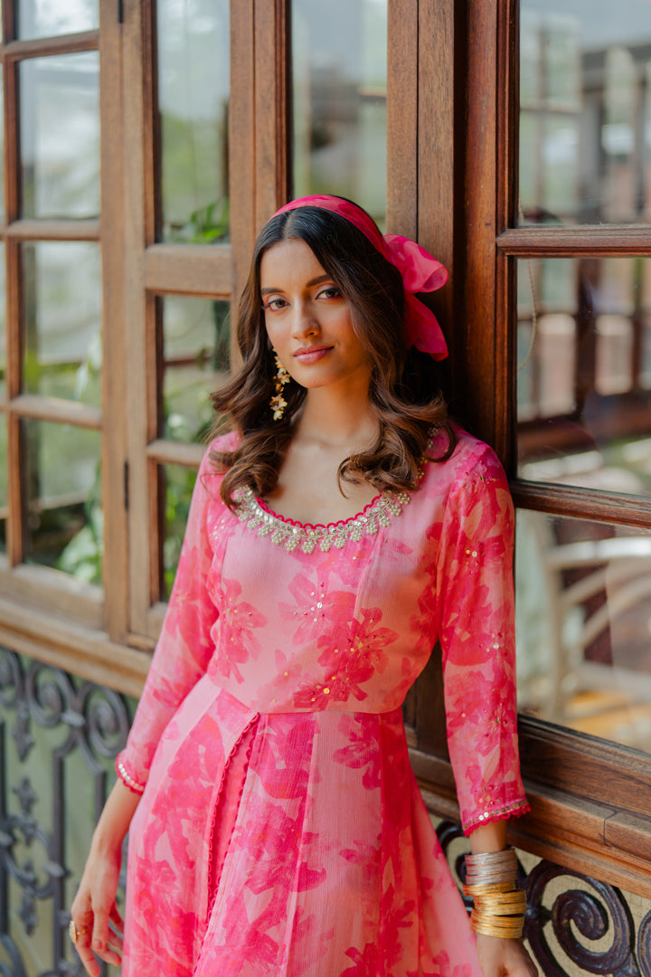 Pink Printed & Embroidered Chiffon Kurta Set