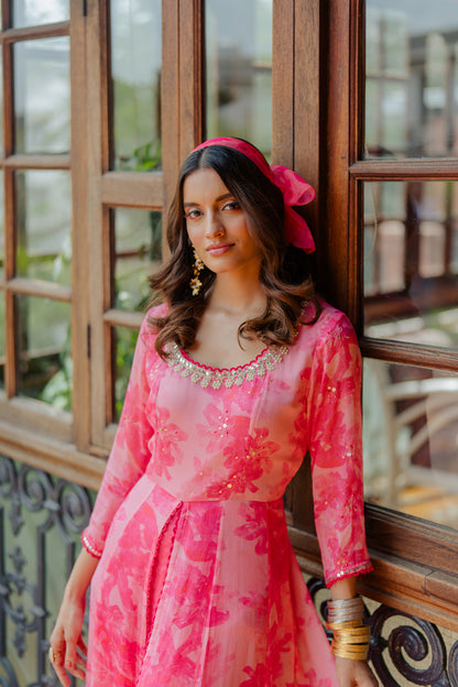 Pink Printed & Embroidered Chiffon Kurta Set