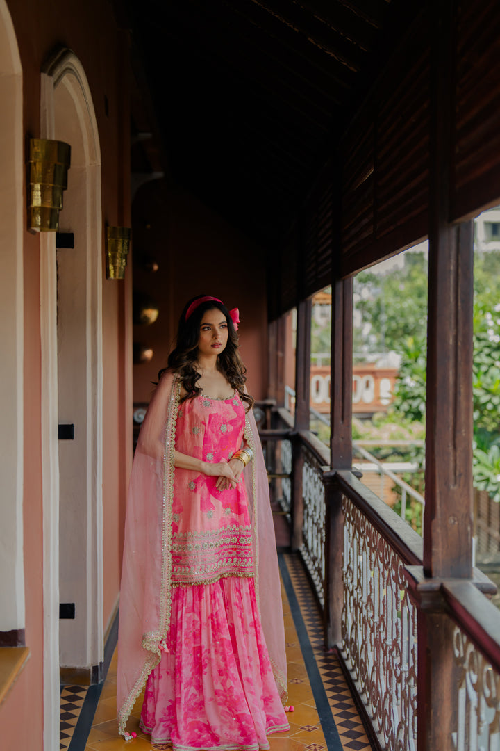 Pink Printed & Embroidered Silk Sharara Set