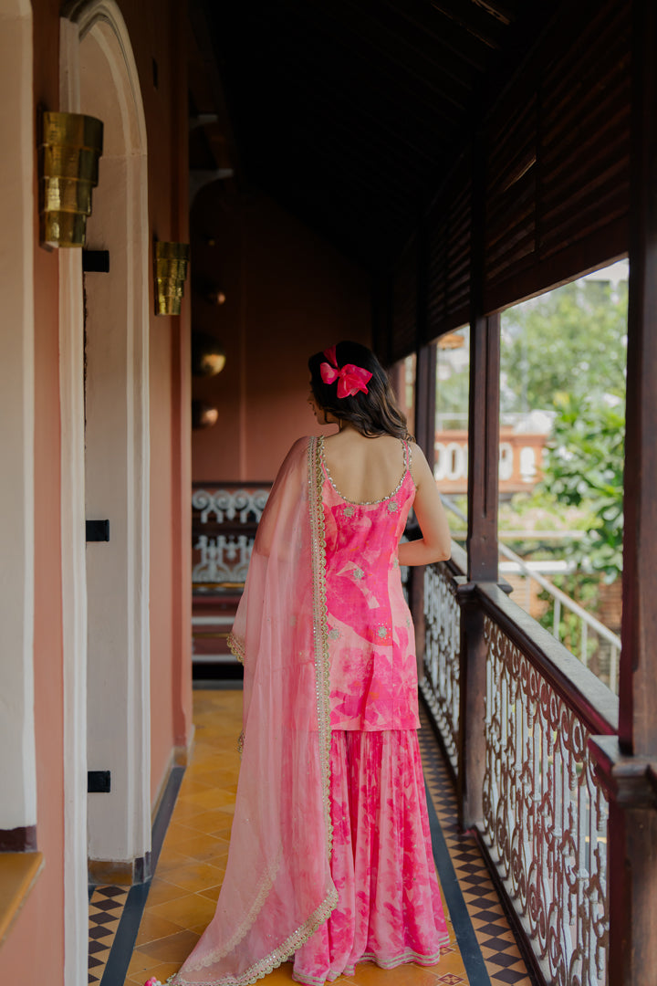 Pink Printed & Embroidered Silk Sharara Set