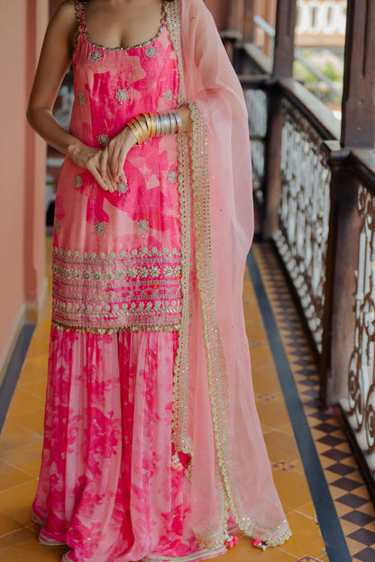 Pink Printed & Embroidered Silk Sharara Set