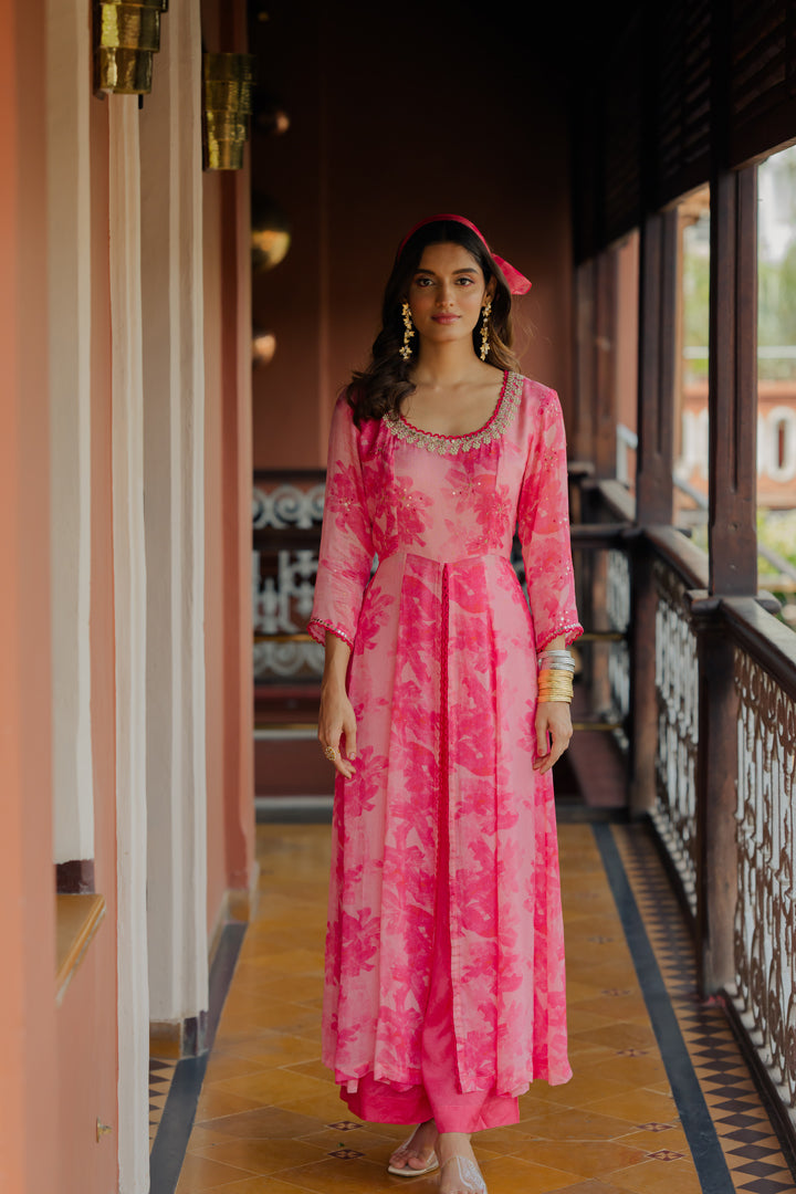 Pink Printed & Embroidered Chiffon Kurta Set