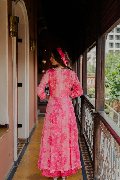 Pink Printed & Embroidered Chiffon Kurta Set