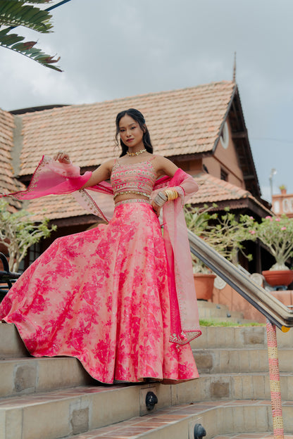 Pink Printed & Embroidered Silk Lehenga Set