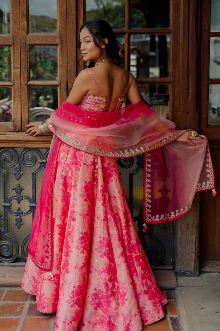 Pink Printed & Embroidered Silk Lehenga Set