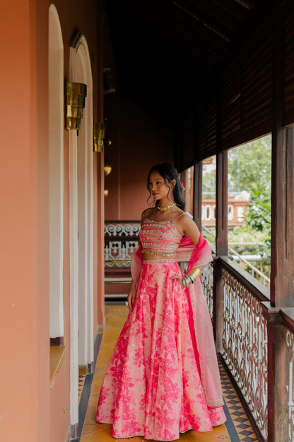 Pink Printed & Embroidered Silk Lehenga Set