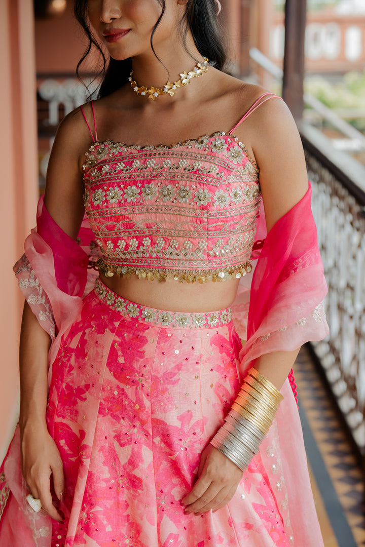 Pink Printed & Embroidered Silk Lehenga Set