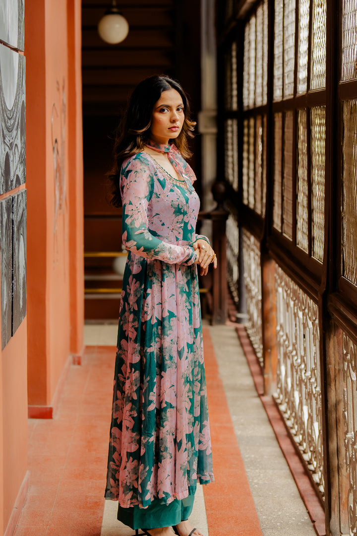 Green Printed & Embroidered Chiffon Kurta Set