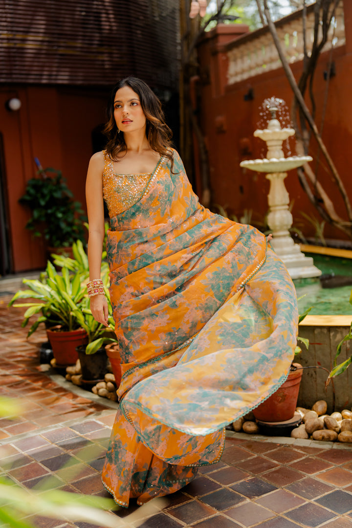 Mustard Printed & Embroidered Organza Saree Set