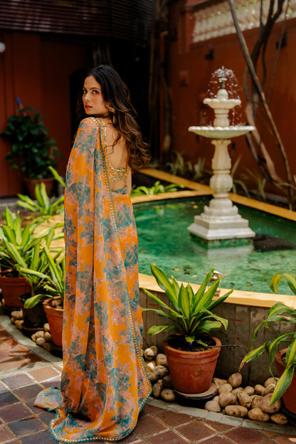 Mustard Printed & Embroidered Organza Saree Set