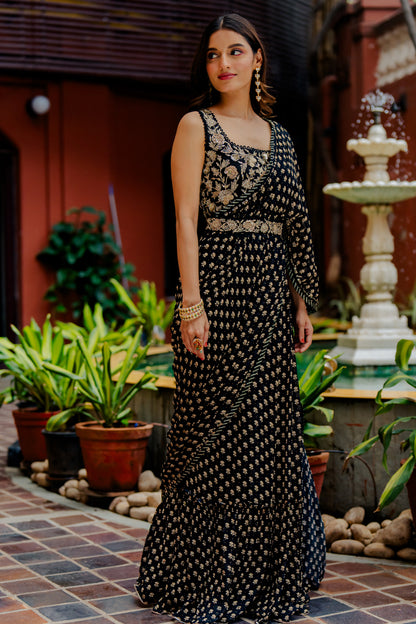 Black Printed & Embroidered Pre-Draped Georgette Saree Set